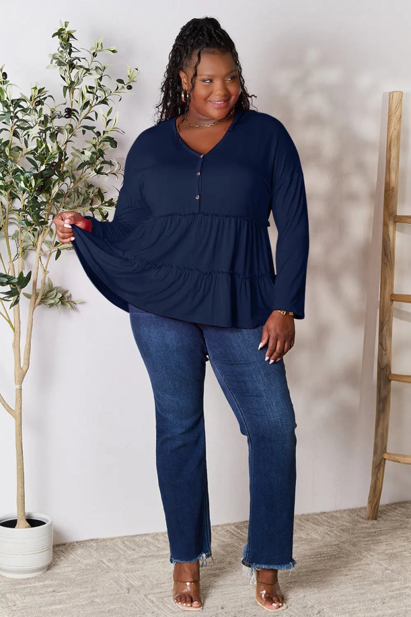 Double Take Half Button Long Sleeve Ruffle Hem Blouse - Love Salve